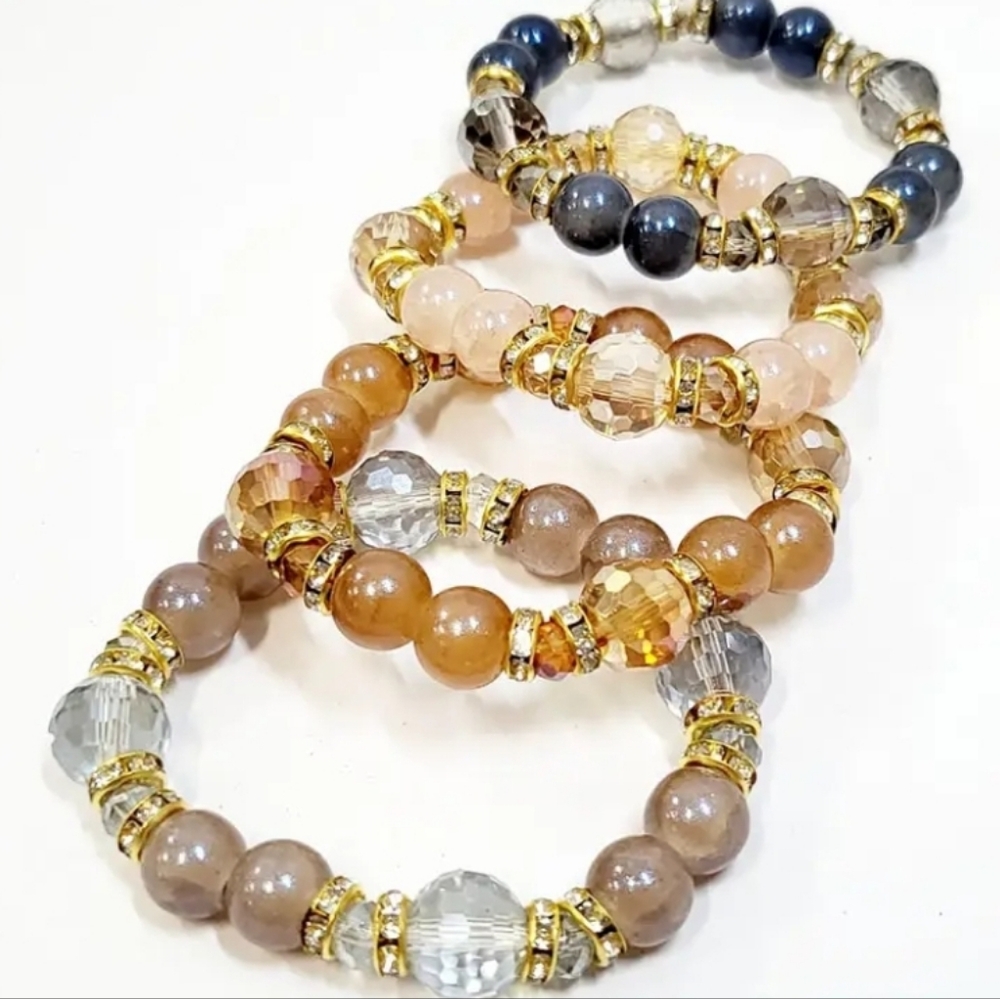 Natural Stone Glass Beaded Stretch Bracelet set of 4